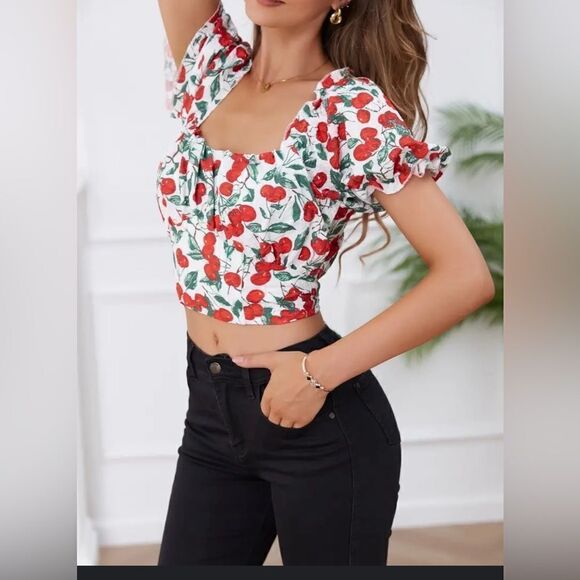 CIDER CHERRY BOW SHORT SLEEVE BLOUSE - Picture 2 of 9